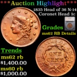 ***Auction Highlight*** 1835 Coronet Head Large Cent Head of 36 N-14 1c Graded ms62 RB Details By SE