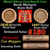 Mixed small cents 1c orig shotgun roll, 1912-s Wheat Cent, 1857 Flying Eagle Cent other end McDonald