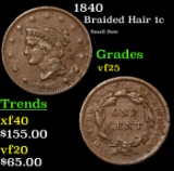 1840 Braided Hair Large Cent 1c Grades vf+