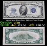 1934C $10 Blue Seal Silver Certificate Grades vf++