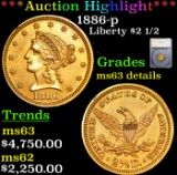 ***Auction Highlight*** 1886-p Gold Liberty Quarter Eagle $2 1/2 Graded ms63 details By SEGS (fc)