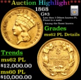 ***Auction Highlight*** 1868 Three Dollar Gold 3 Graded ms62 PL Details By SEGS (fc)