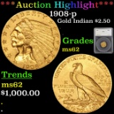 ***Auction Highlight*** 1908-p Gold Indian Quarter Eagle $2 1/2 Graded ms62 by SEGS (fc)