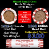 Mixed small cents 1c orig shotgun roll, 1912-d Wheat Cent, 1898 Indian Cent other end Seal Strong Wr