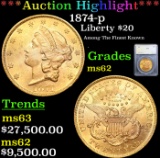 ***Auction Highlight*** 1874-p Gold Liberty Double Eagle $20 Graded ms62 By SEGS (fc)