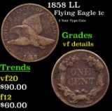 1858 LL Flying Eagle Cent 1c Grades vf details