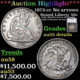***Auction Highlight*** 1873-cc No arrows Seated Half Dollar 50c Graded au55 details by SEGS (fc)