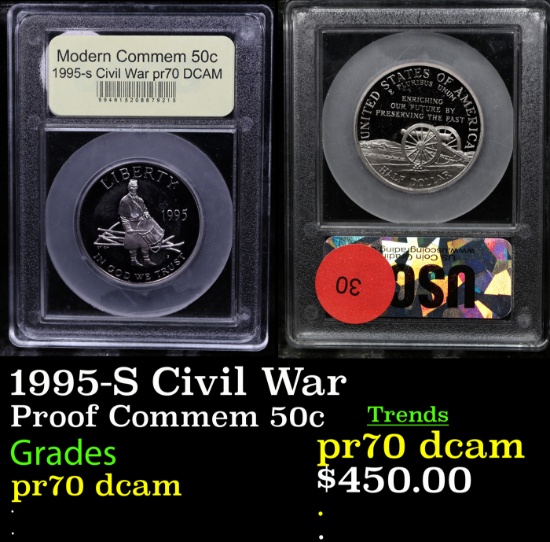 Proof 1995-S Civil War Modern Commem Half Dollar 50c Graded GEM++ Proof Deep Cameo By USCG