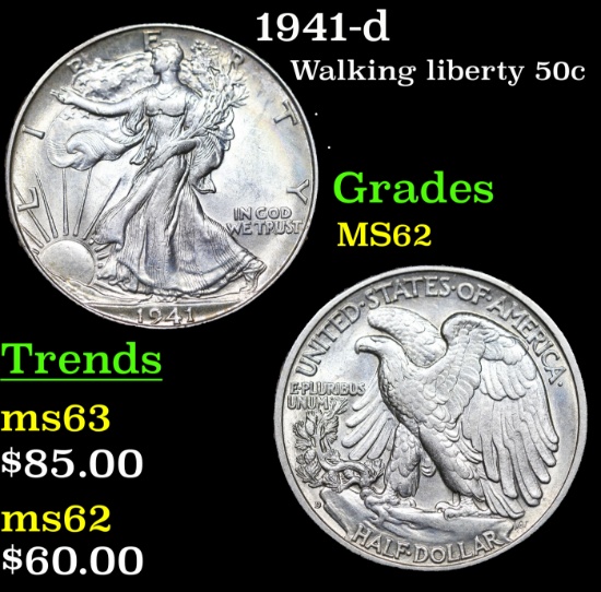 1941-d Walking Liberty Half Dollar 50c Grades Select Unc