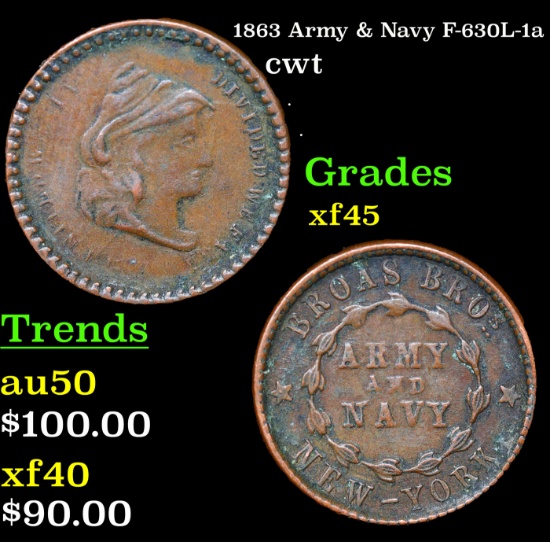 1863 Army & Navy Civil War Token F-630L-1a 1c Grades xf+