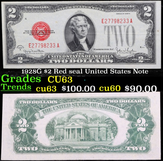 1928G $2 Red seal United States Note Grades Select CU