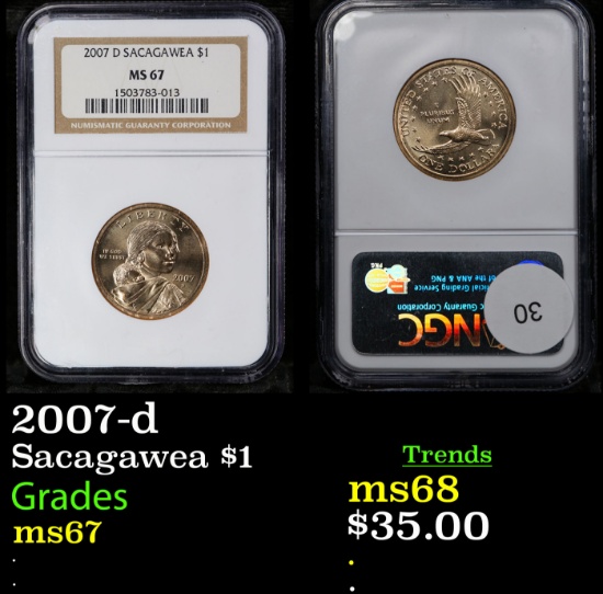 NGC 2007-d Sacagawea $1 Graded ms67 By NGC