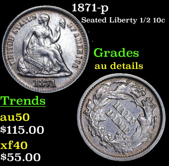 1871-p Seated Liberty Half Dime 1/2 10c Grades AU Details