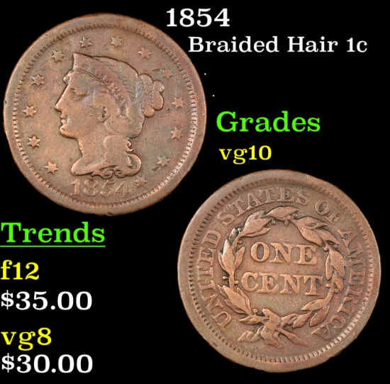 1854 Braided Hair Large Cent 1c Grades vg+