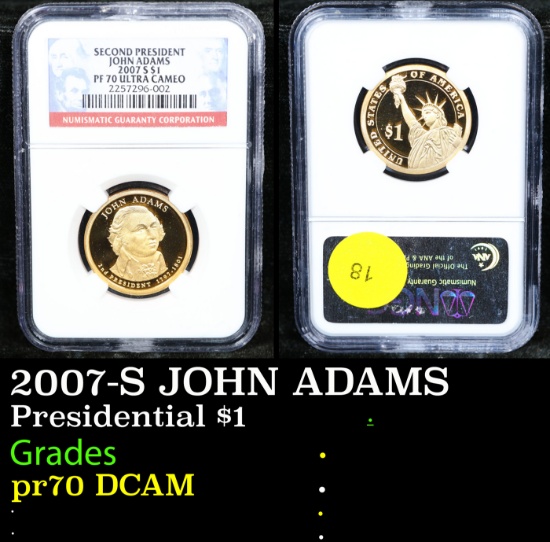 Proof NGC 2007-S JOHN ADAMS Presidential Dollar $1 Graded pr70 DCAM By NGC