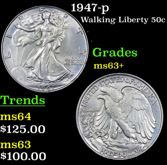 1947-p Walking Liberty Half Dollar 50c Grades Select+ Unc