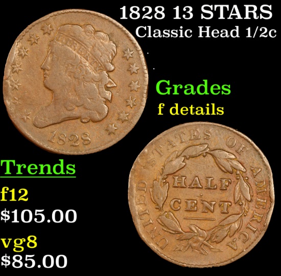 1828 13 STARS Classic Head half cent 1/2c Grades f details