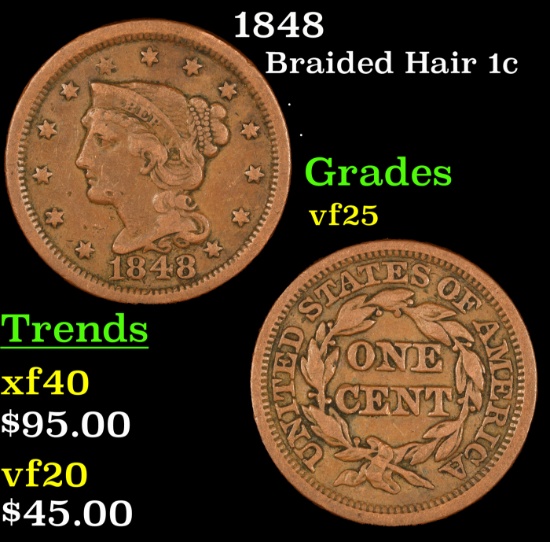 1848 Braided Hair Large Cent 1c Grades vf+