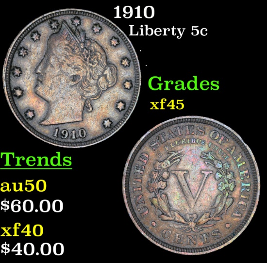 1910 Liberty Nickel 5c Grades xf+