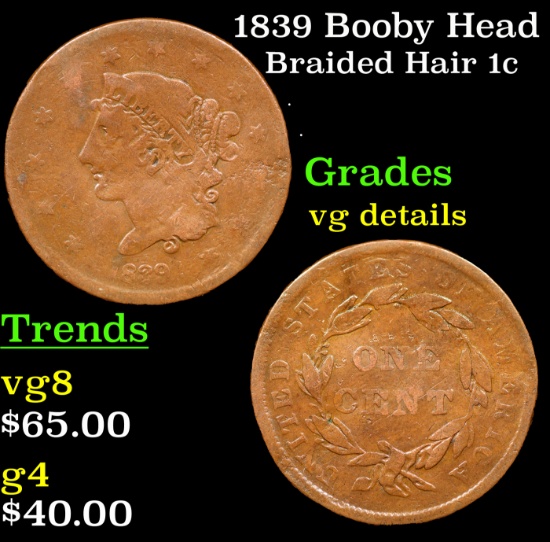 1839 Booby Head Braided Hair Large Cent 1c Grades vg details