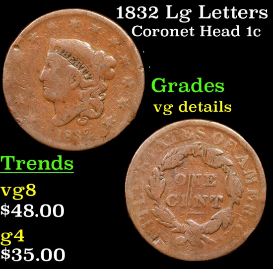 1832 Lg Letters Coronet Head Large Cent 1c Grades vg details