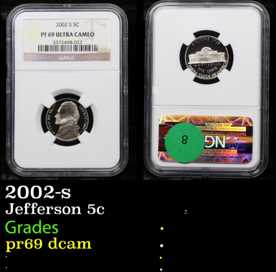 Proof NGC 2002-s Jefferson Nickel 5c Graded pr69 dcam By NGC