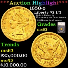 1850-o Gold Liberty Quarter Eagle 2.5 Graded ms62