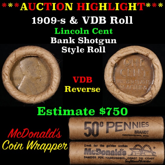 ***Auction Highlight*** Lincoln Wheat cent 1c orig roll, 1909-s end, VDB other end (fc)