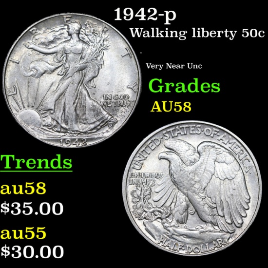 1942-p Walking Liberty Half Dollar 50c Grades Choice AU/BU Slider