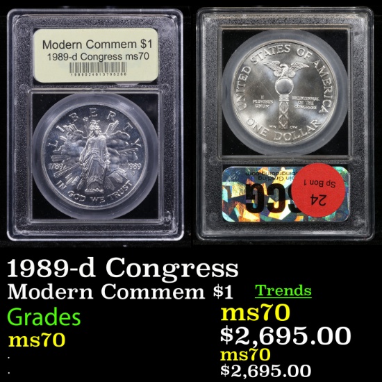 . 1989-d Congress Modern Commem Dollar $1 Graded ms70, Perfection By USCG