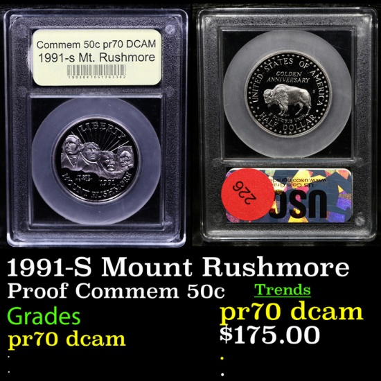 Proof . 1991-S Mount Rushmore Modern Commem Half Dollar 50c Graded GEM++ Proof Deep Cameo By USCG