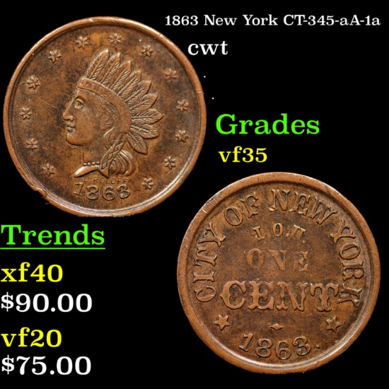 1863 New York Civil War Token CT-345-aA-1a 1c Grades vf++