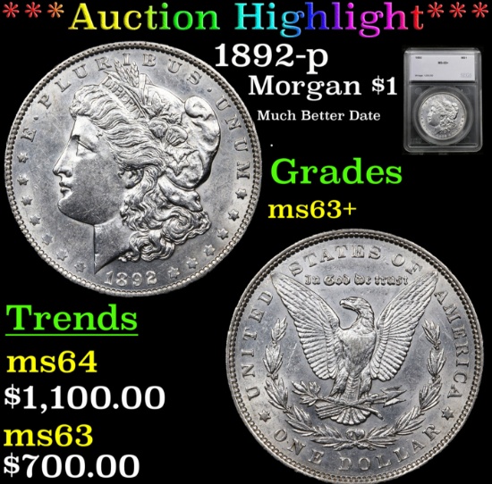 ***Auction Highlight*** 1892-p Morgan Dollar 1 Graded ms63+ By SEGS (fc)