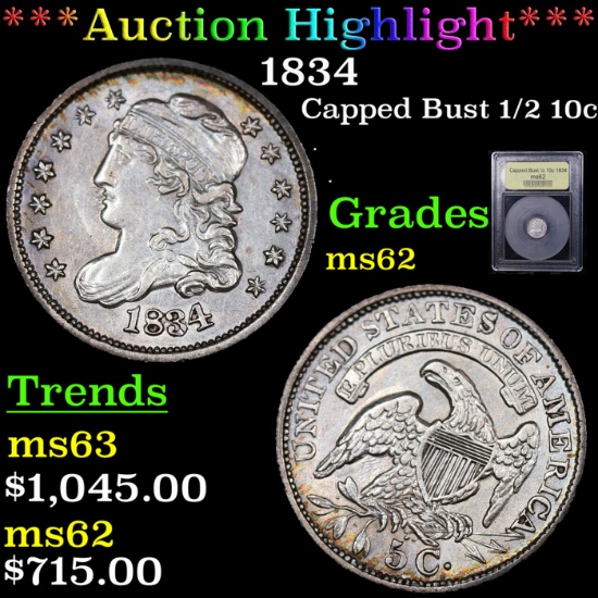 ***Auction Highlight*** 1834 Capped Bust Half Dime 1/2 10c Graded Select Unc By USCG (fc)