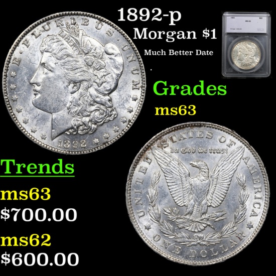 1892-p Morgan Dollar 1 Graded ms63 By SEGS