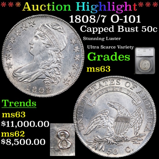 ***Auction Highlight*** 1808/7 Capped Bust Half Dollar O-101 50c Graded ms63 By SEGS (fc)