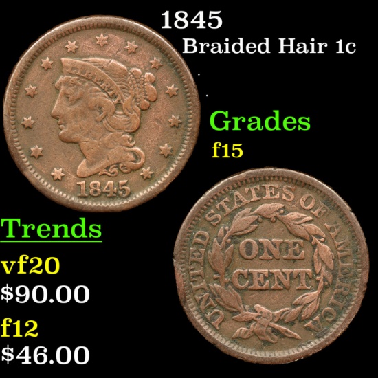 1845 Braided Hair Large Cent 1c Grades f+