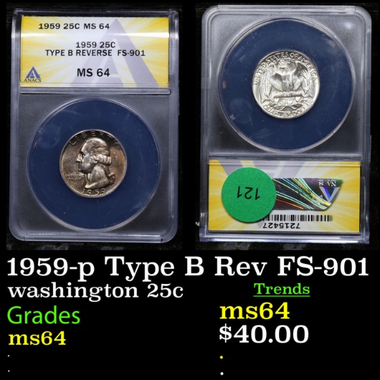 ANACS 1959-p Washington Quarter Type B Rev FS-901 25c Graded ms64 By ANACS