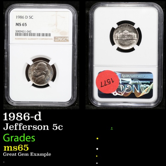 NGC 1986-d Jefferson Nickel 5c Graded ms65 By NGC
