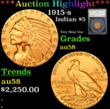 ***Auction Highlight*** 1915-s Gold Indian Half Eagle $5 Graded au58 By SEGS (fc)