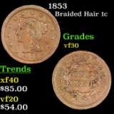 1853 Braided Hair Large Cent 1c Grades vf++