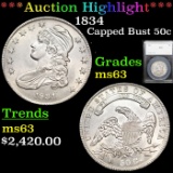 ***Auction Highlight*** 1834 Capped Bust Half Dollar 50c Graded MS63 by SEGS (fc)