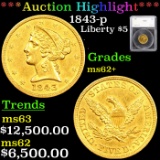 ***Auction Highlight*** 1843-p Gold Liberty Half Eagle 5 Graded ms62+ By SEGS (fc)