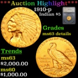 ***Auction Highlight*** 1910-p Gold Indian Half Eagle $5 Graded ms63 details By SEGS (fc)