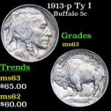 1913-p Ty I Buffalo Nickel 5c Grades Select Unc