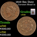 1819 Sm Date Coronet Head Large Cent 1c Graded vf30 By SEGS