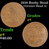 1839 Booby Head Coronet Head Large Cent 1c Grades g, good