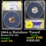 ANACS 1964-p Rainbow Toned Roosevelt Dime 10c Graded ms67 fsb By ANACS