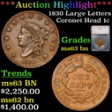 ***Auction Highlight*** 1830 Coronet Head Large Cent Large Let 1c Graded ms63 bn By SEGS (fc)