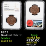 NGC 1852 Braided Hair Large Cent 1c Graded ms62 bn By NGC
